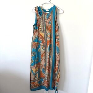 Akemi + Kin Anthropologie Tanvi Silk Column Dress Teal Orange Geometric Print 6